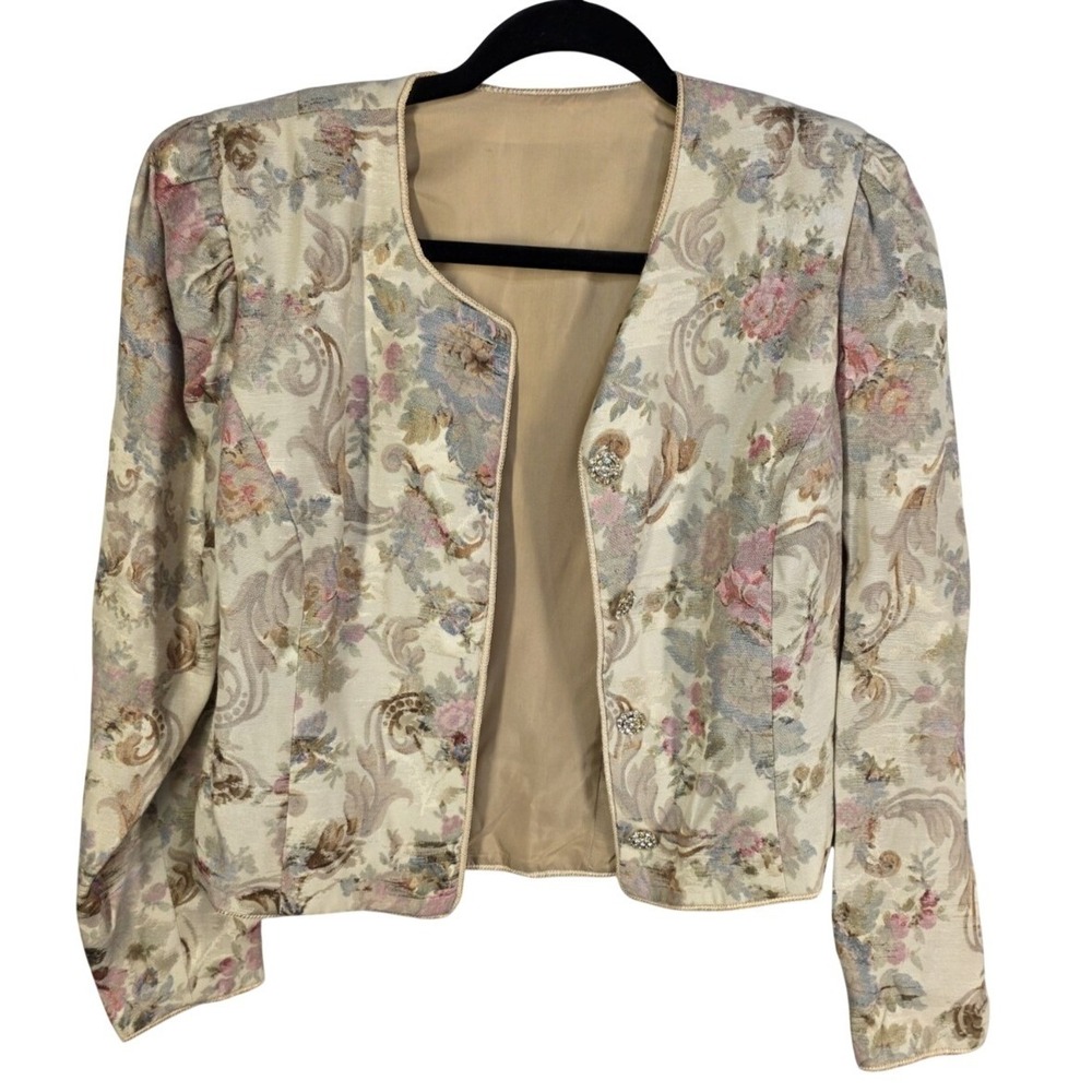 Vintage 80s‎ Miss Elliete Blazer 8 Bling Buttons Brocade Damask Floral Gold